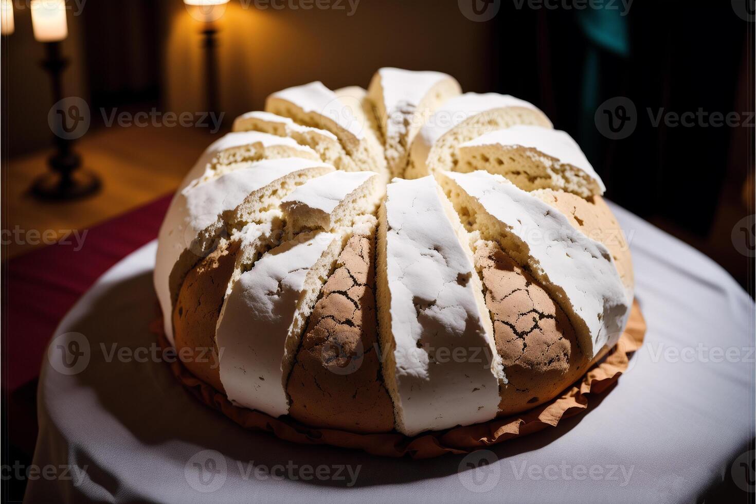 vers gebakken brood Aan een houten bord, detailopname. Frans brood. brood van wit brood. generatief ai foto