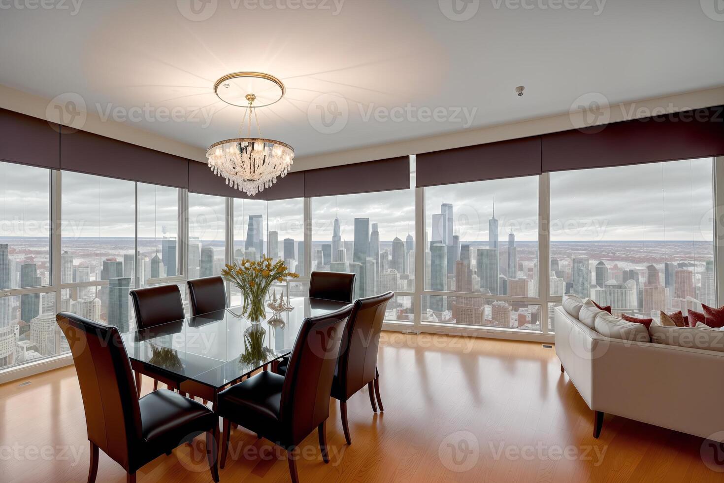 interieur van modern dining kamer met een groot venster . generatief ai foto