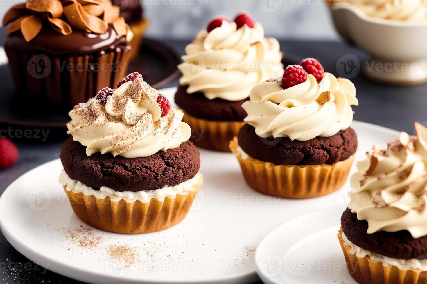 heerlijk chocola taart met room en suikerglazuur suiker Aan een wit bord. eclairs met chocola room en kers, generatief ai foto