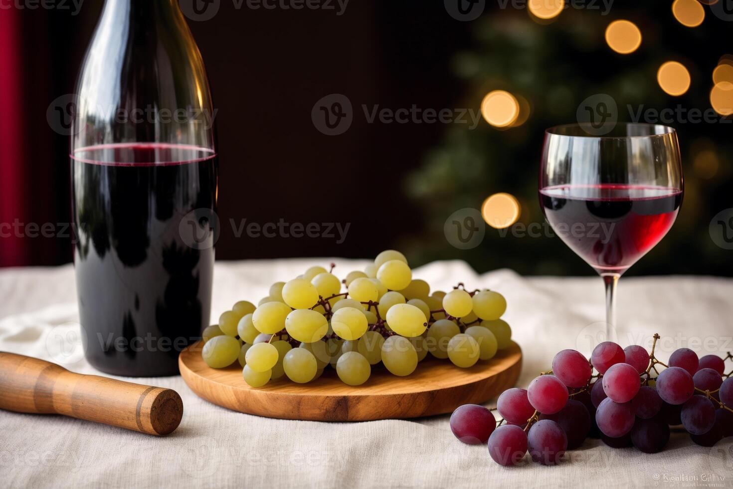 glas van rood wijn en druiven Aan een houten tafel.fles en glas van rood wijn met druiven. generatief ai foto