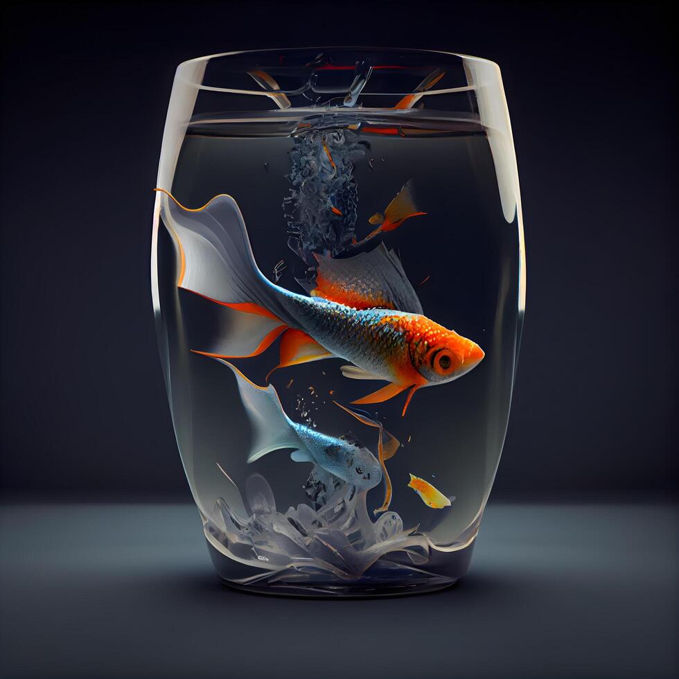 goudvis in een glas vaas Aan een zwart achtergrond. 3d weergave, ai generatief beeld foto