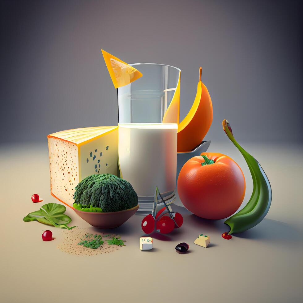 melk in een glas met groenten en fruit Aan een grijs achtergrond, ai generatief beeld foto