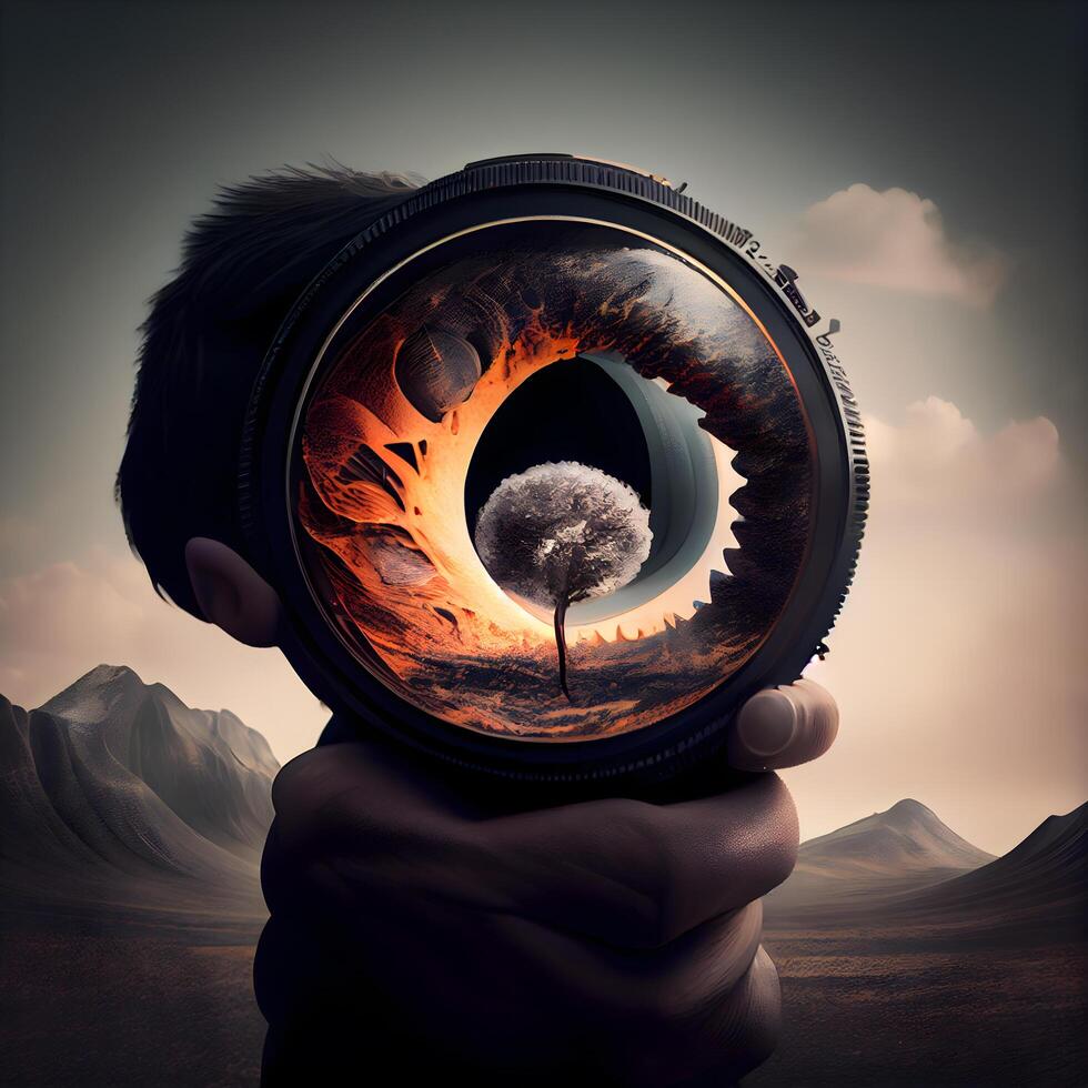 fotograaf Holding een camera in zijn hand- met de planeet aarde in de achtergrond, ai generatief beeld foto