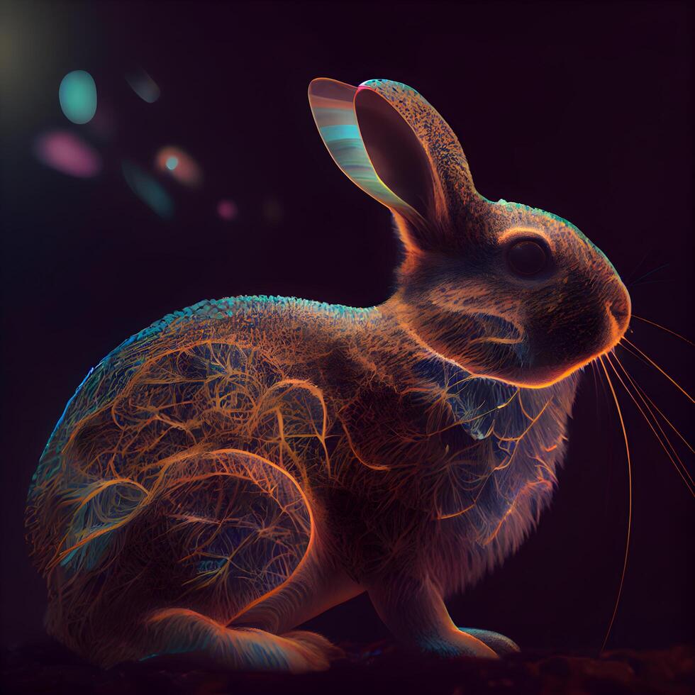 digitaal illustratie van een konijn met gloeiend licht Aan een donker achtergrond, ai generatief beeld foto