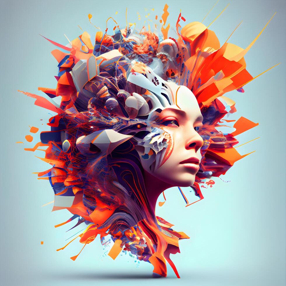 3d illustratie van een mooi vrouw met abstract haar- en maken omhoog, ai generatief beeld foto