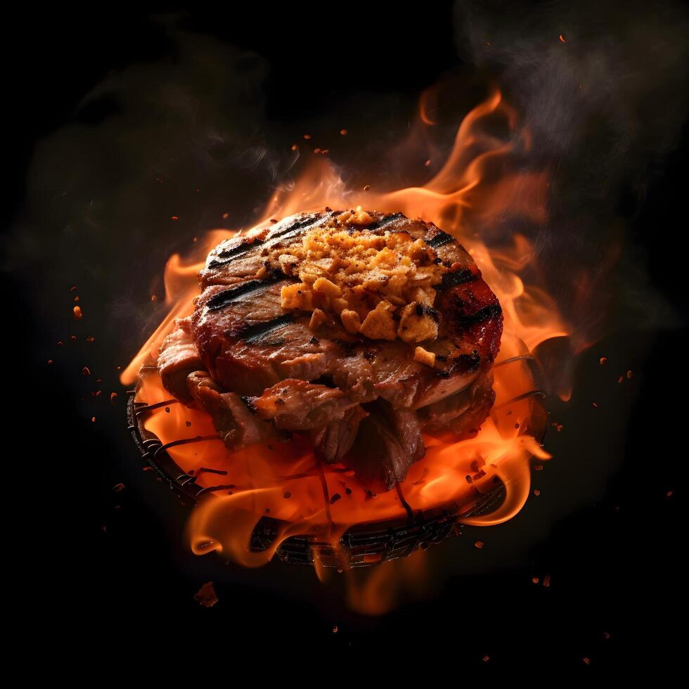 gegrild steak Aan een barbecue rooster met vlammen Aan een zwart achtergrond, ai generatief beeld foto