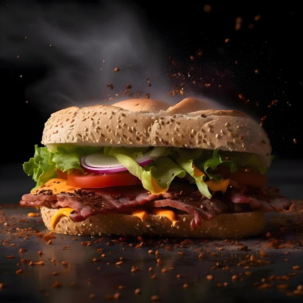 Hamburger met vliegend ingrediënten Aan zwart achtergrond. snel voedsel concept, ai generatief beeld foto