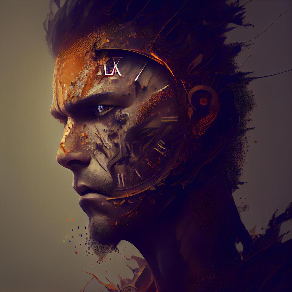 3d renderen van een mannetje cyborg met gouden huid en metaal stekels, ai generatief beeld foto