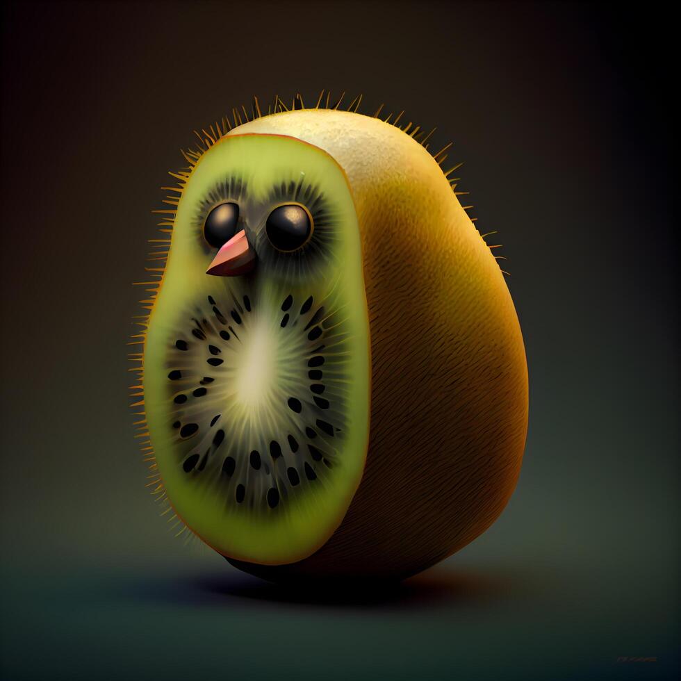 grappig kiwi fruit Aan donker achtergrond. illustratie., ai generatief beeld foto