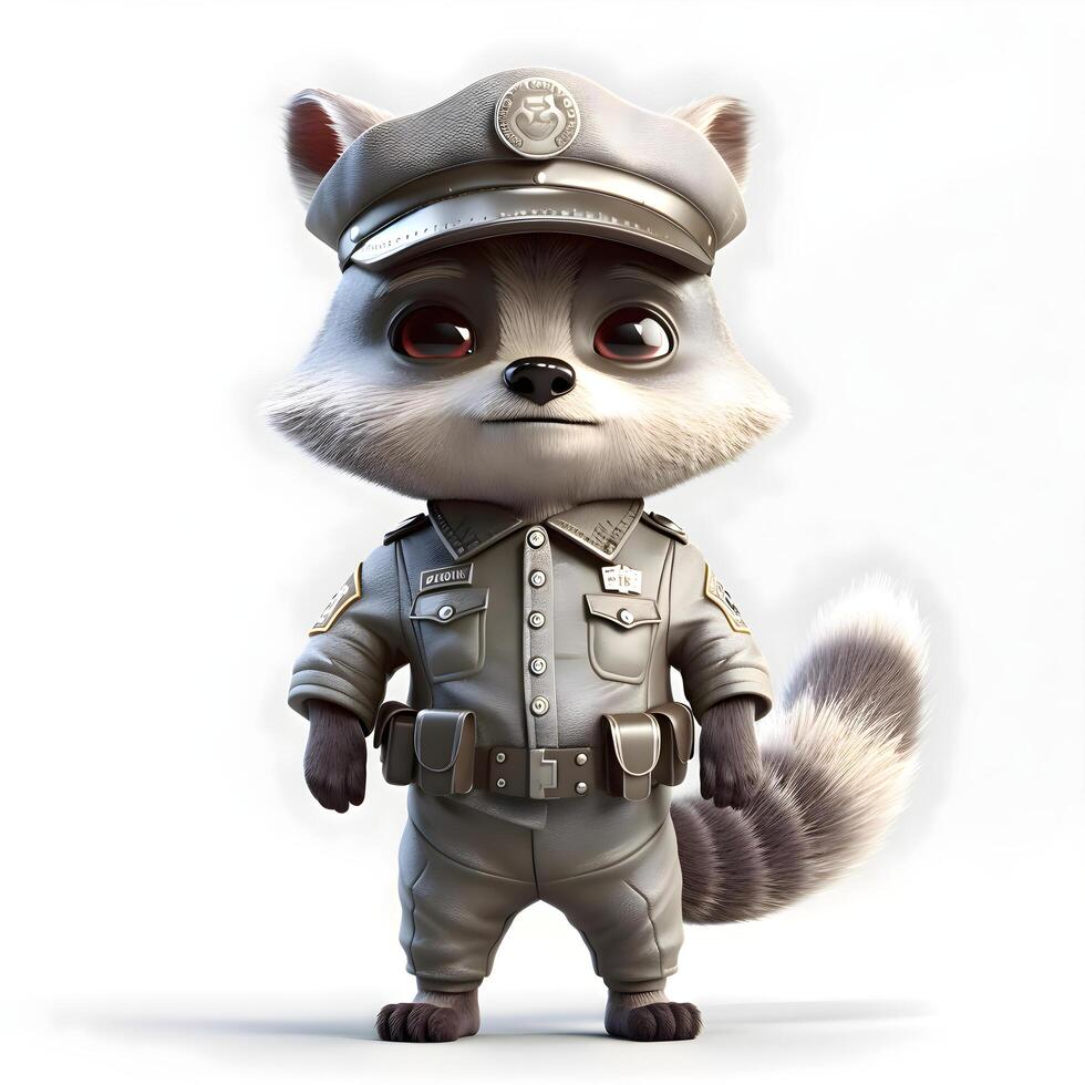 schattig tekenfilm wasbeer gekleed in Politie uniform. 3d weergave, ai generatief beeld foto