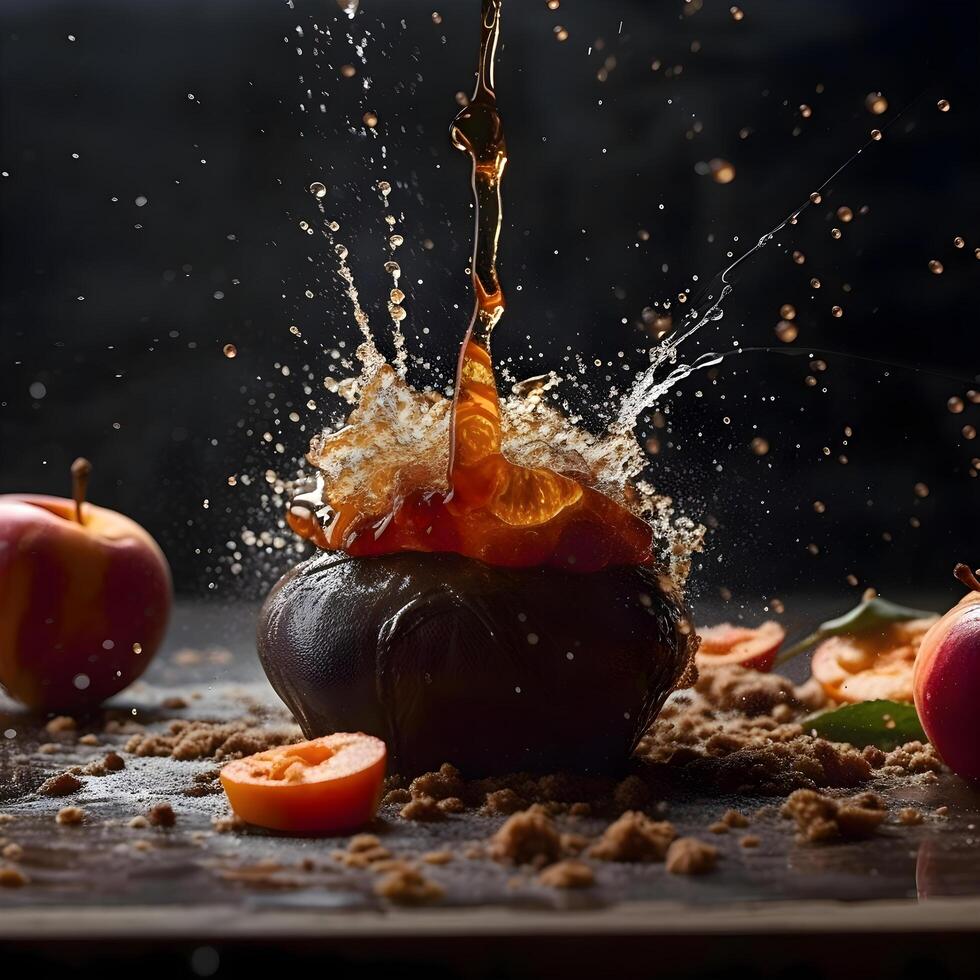 plons van oranje sap en kers tomaten Aan een zwart achtergrond., ai generatief beeld foto