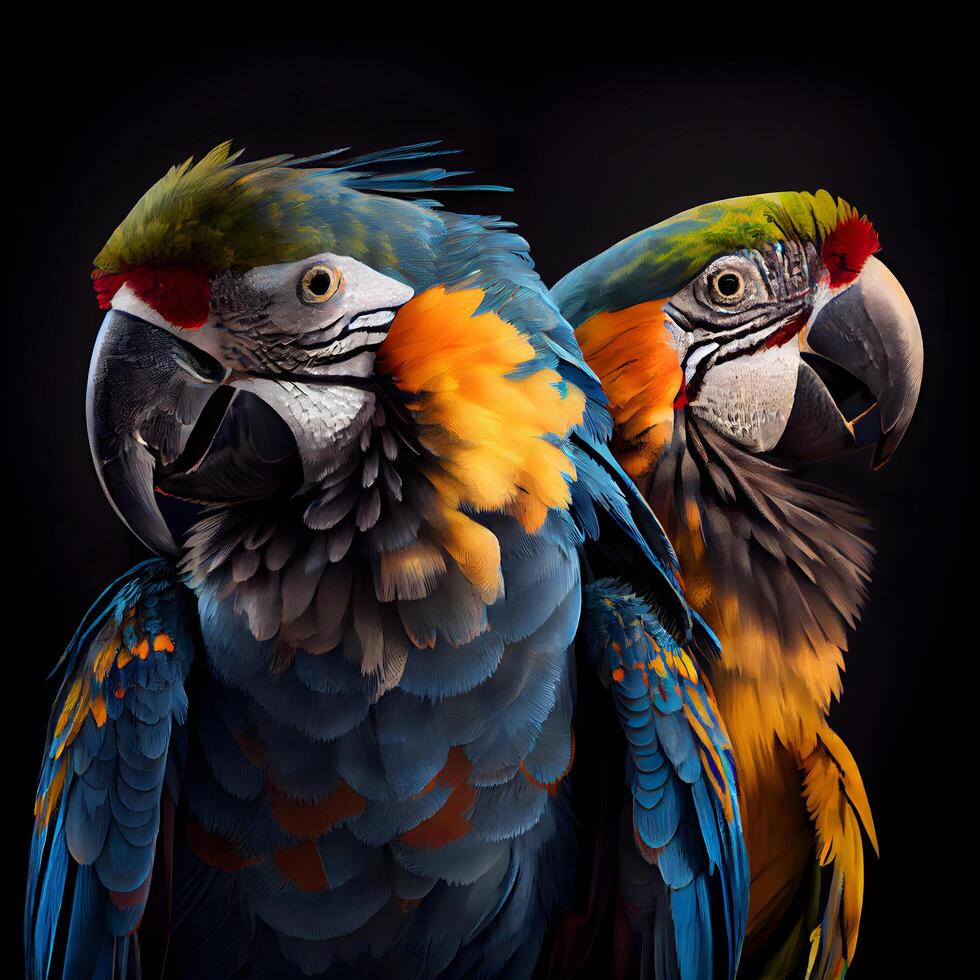 mooi ara papegaaien geïsoleerd Aan zwart achtergrond. 3d weergave, ai generatief beeld foto