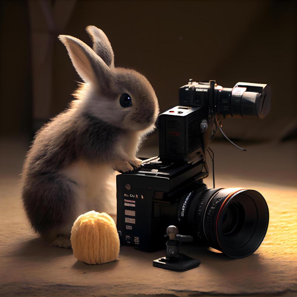 konijn en camera Aan een bruin achtergrond. Pasen vakantie concept., ai generatief beeld foto