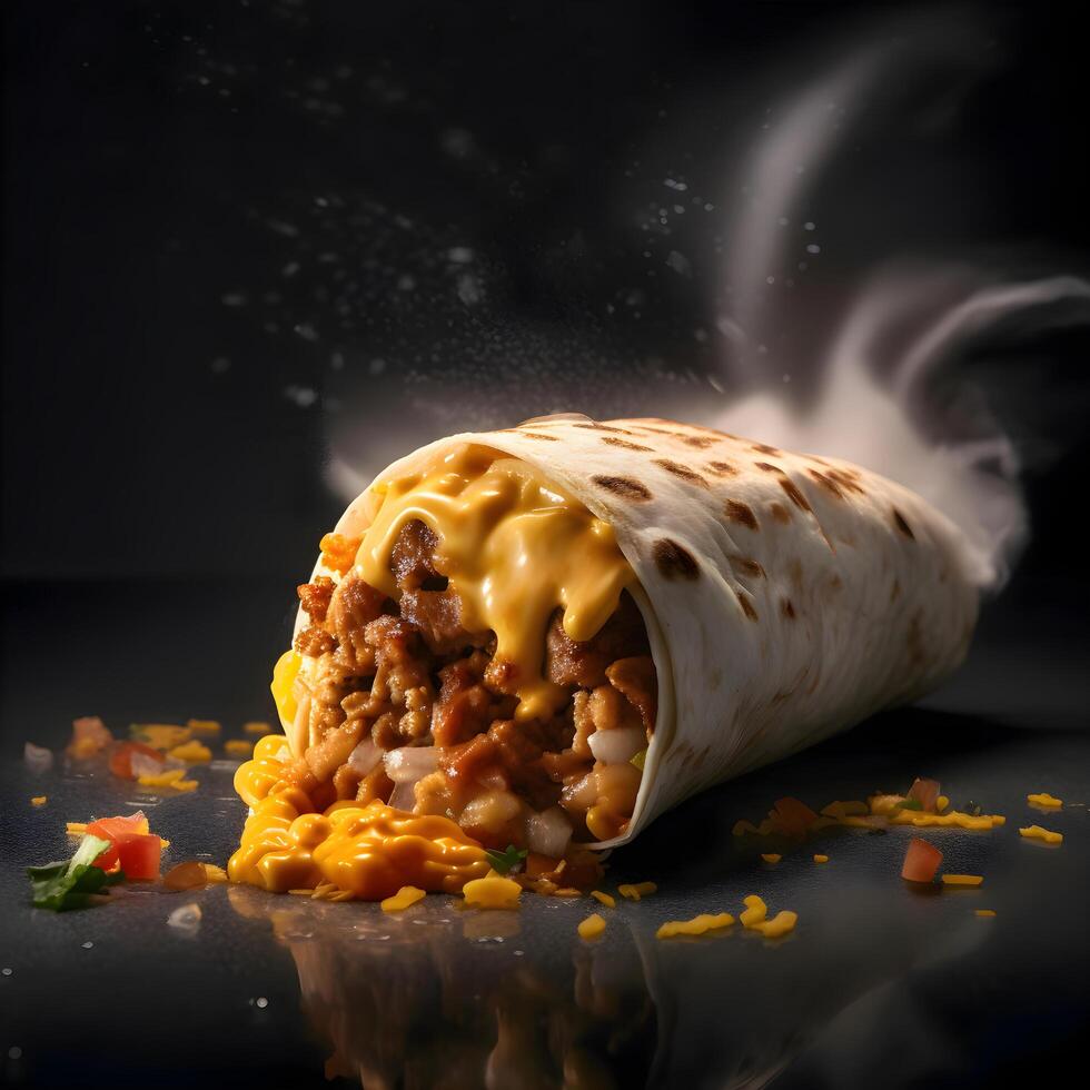 burrito met vlees, bonen en groenten Aan een zwart achtergrond., ai generatief beeld foto