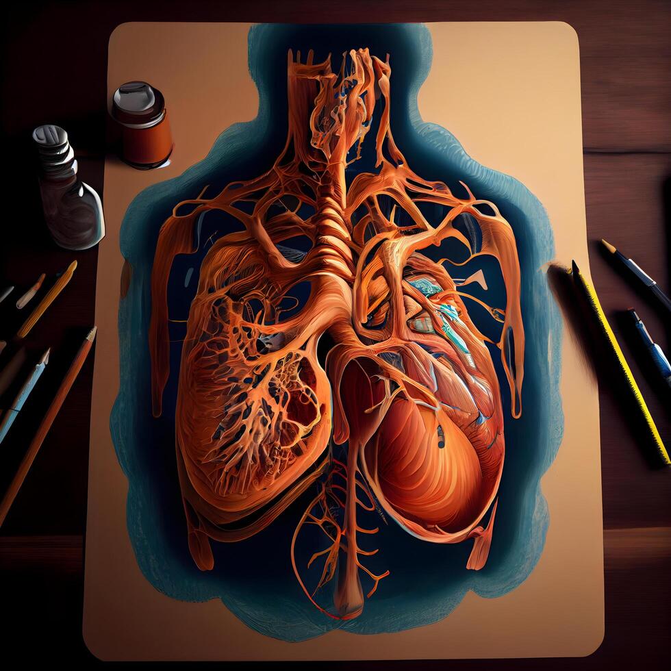 menselijk hart. 3d illustratie. top visie. medisch achtergrond., ai generatief beeld foto