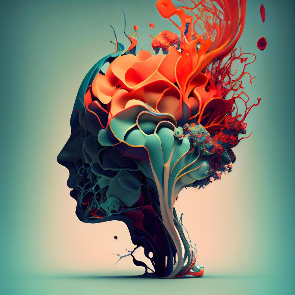 menselijk hoofd gemaakt van kleurrijk inkt spatten. 3d illustratie., ai generatief beeld foto