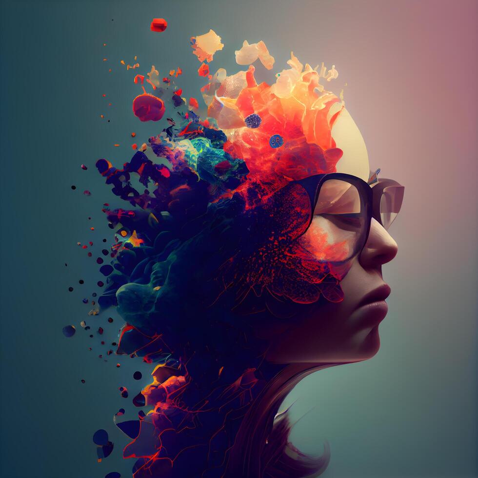 3d renderen van een vrouw hoofd met kleurrijk verf spatten., ai generatief beeld foto