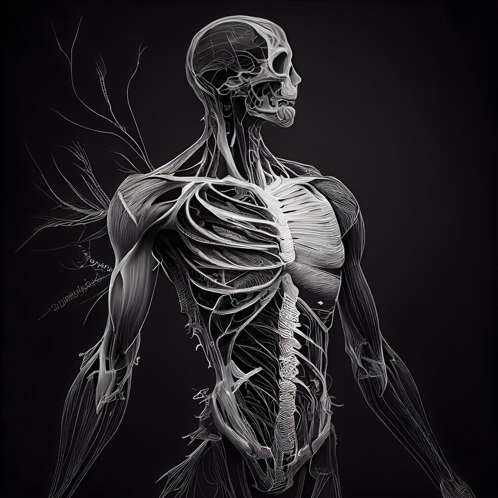 menselijk skelet anatomie, geïsoleerd Aan zwart achtergrond. 3d illustratie., ai generatief beeld foto