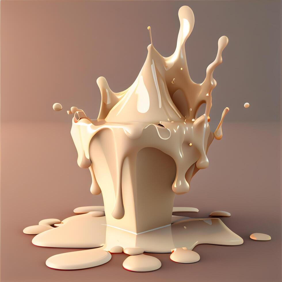3d renderen van een melk plons Aan een beige achtergrond., ai generatief beeld foto