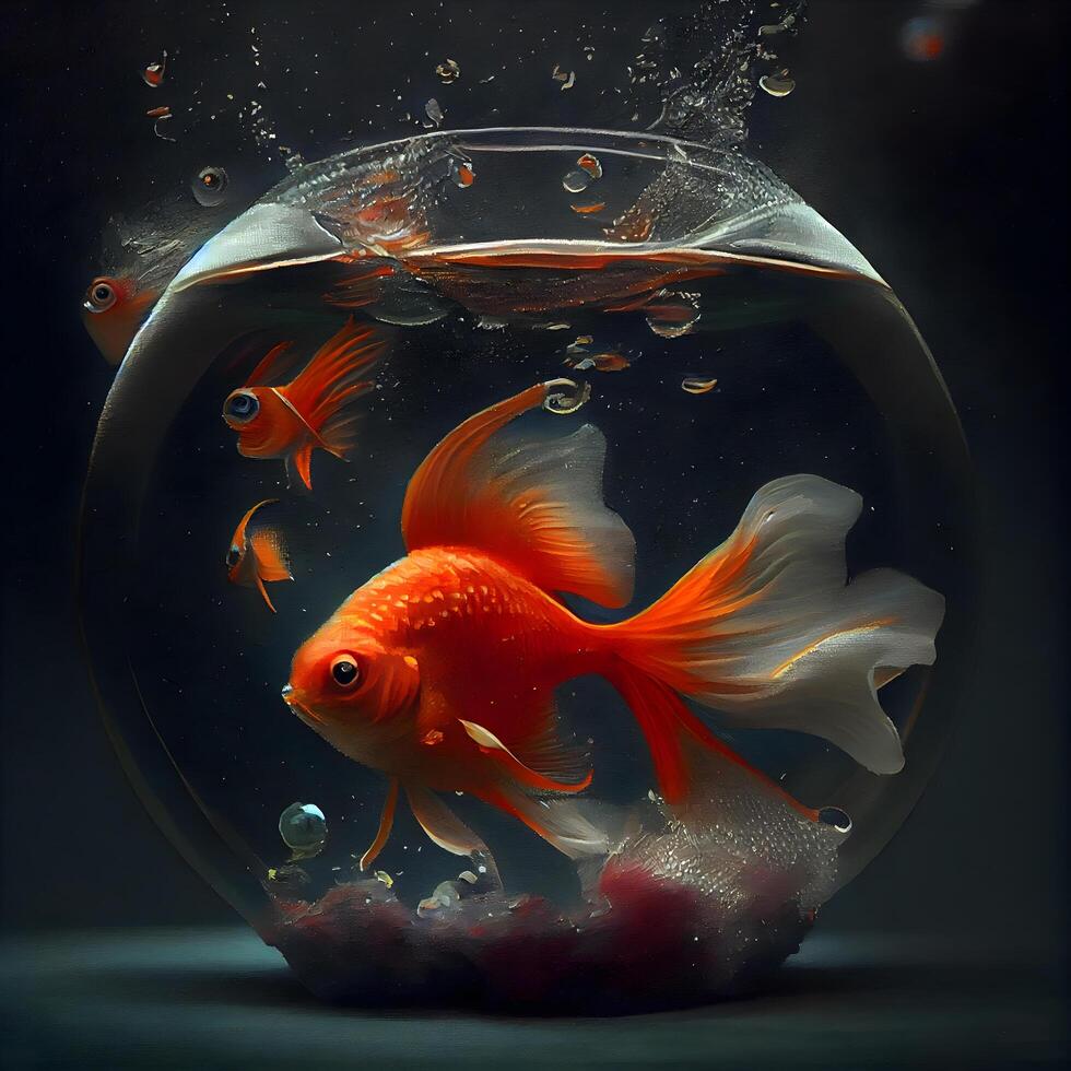 goudvis in een ronde aquarium met bubbels. 3d illustratie., ai generatief beeld foto