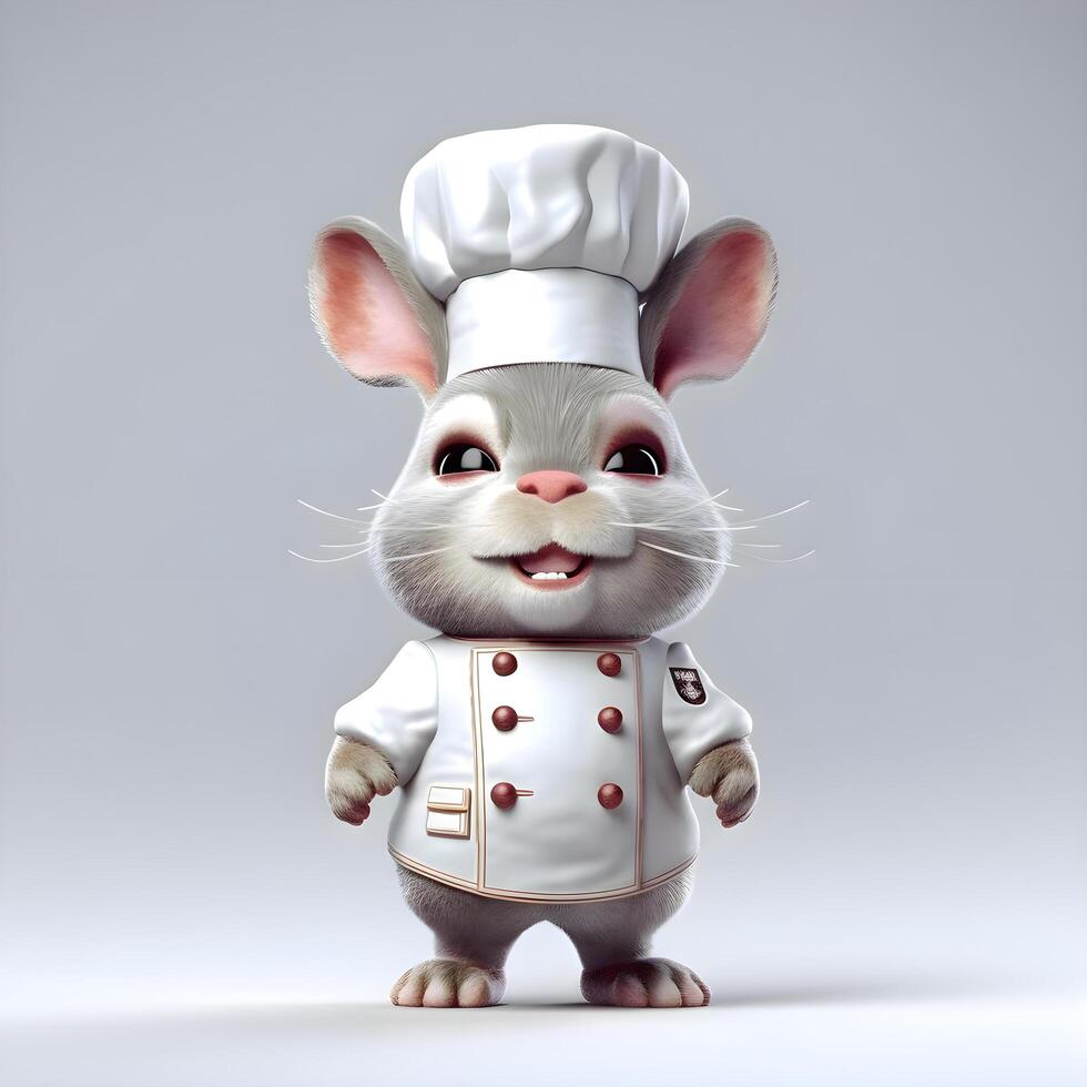 3d illustratie van een schattig tekenfilm wit Rat chef karakter, ai generatief beeld foto