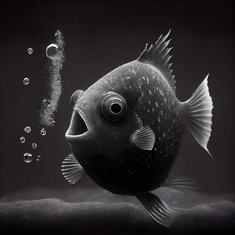 zwart en wit afbeelding van een vis met bubbels Aan een donker achtergrond, ai generatief beeld foto