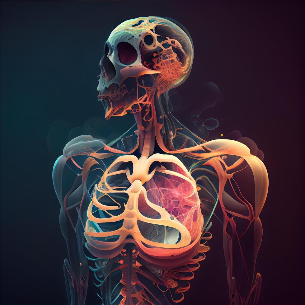 menselijk hart anatomie, 3d illustratie van menselijk hart anatomie geïsoleerd Aan donker achtergrond, ai generatief beeld foto