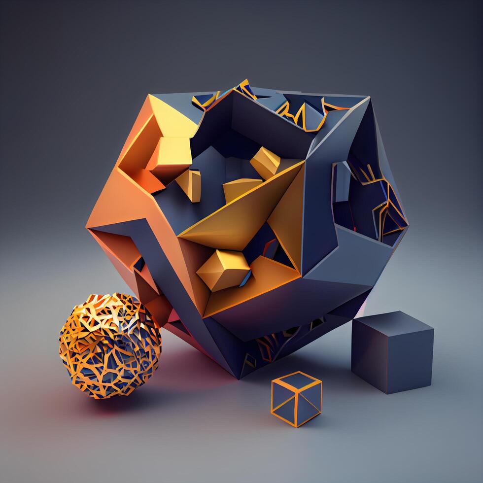 3d geven van abstract meetkundig samenstelling met 3d bollen en kubussen, ai generatief beeld foto