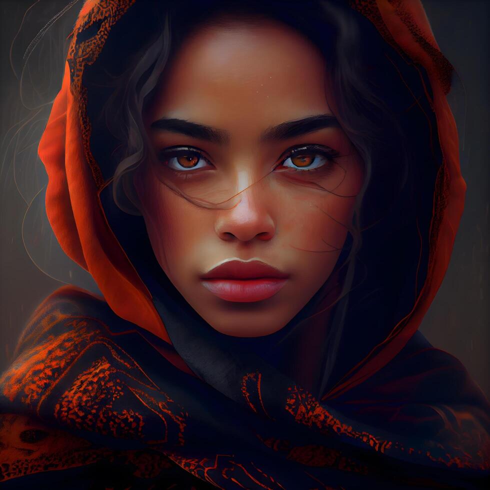 portret van een mooi meisje in een rood sjaal. schoonheid, mode., ai generatief beeld foto