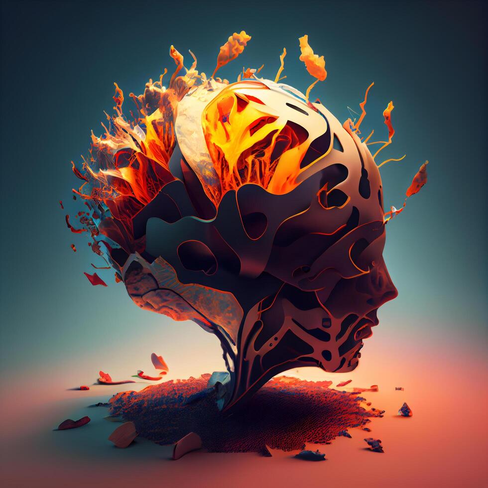 3d illustratie van abstract menselijk hoofd met brand vlammen Aan blauw achtergrond, ai generatief beeld foto