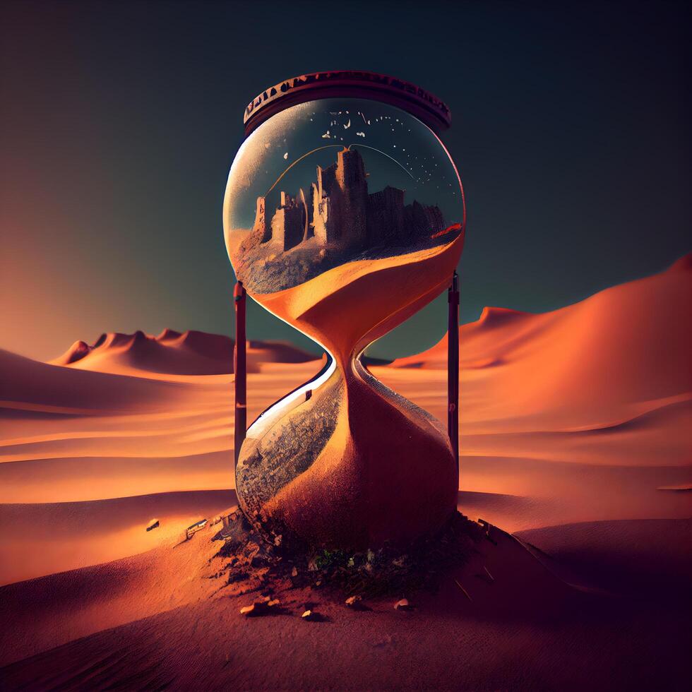 zand klok in zand woestijn. 3d weergave. tijd concept., ai generatief beeld foto