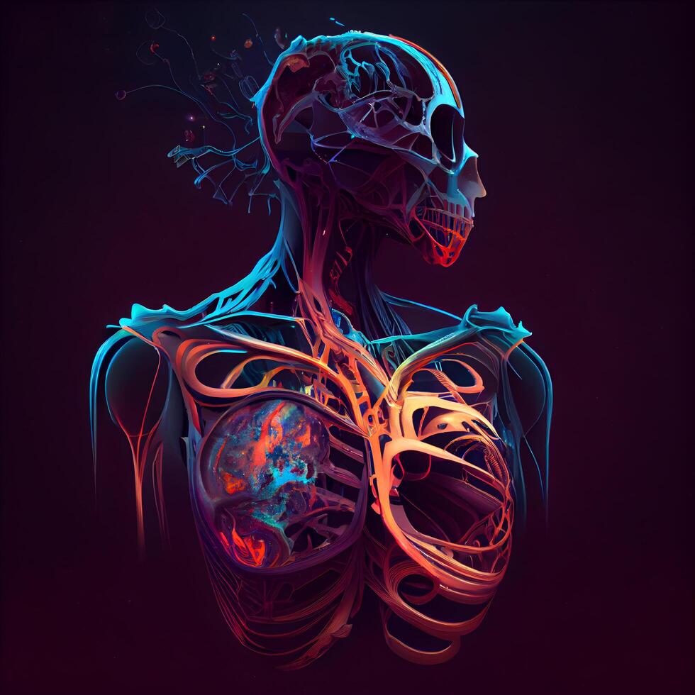 menselijk hart anatomie Aan donker achtergrond. 3d illustratie, 3d weergave., ai generatief beeld foto