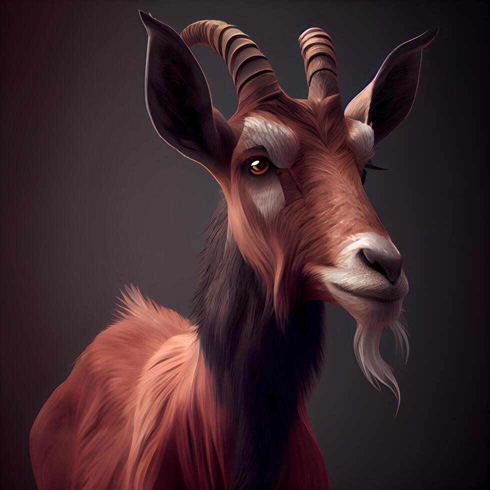 illustratie van een geit met hoorns Aan een donker achtergrond, digitaal schilderen, ai generatief beeld foto