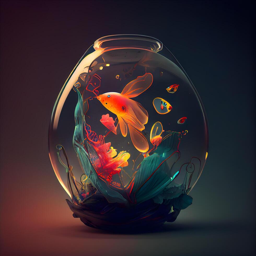 kleurrijk goudvis in een ronde glas aquarium Aan een donker achtergrond, ai generatief beeld foto