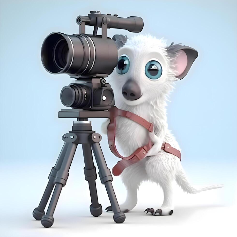 schattig tekenfilm hond met een camera Aan een statief. 3d weergave, ai generatief beeld foto