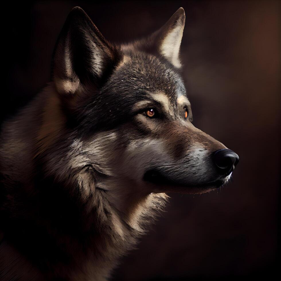 portret van een wolf in profiel Aan een donker bruin achtergrond., ai generatief beeld foto