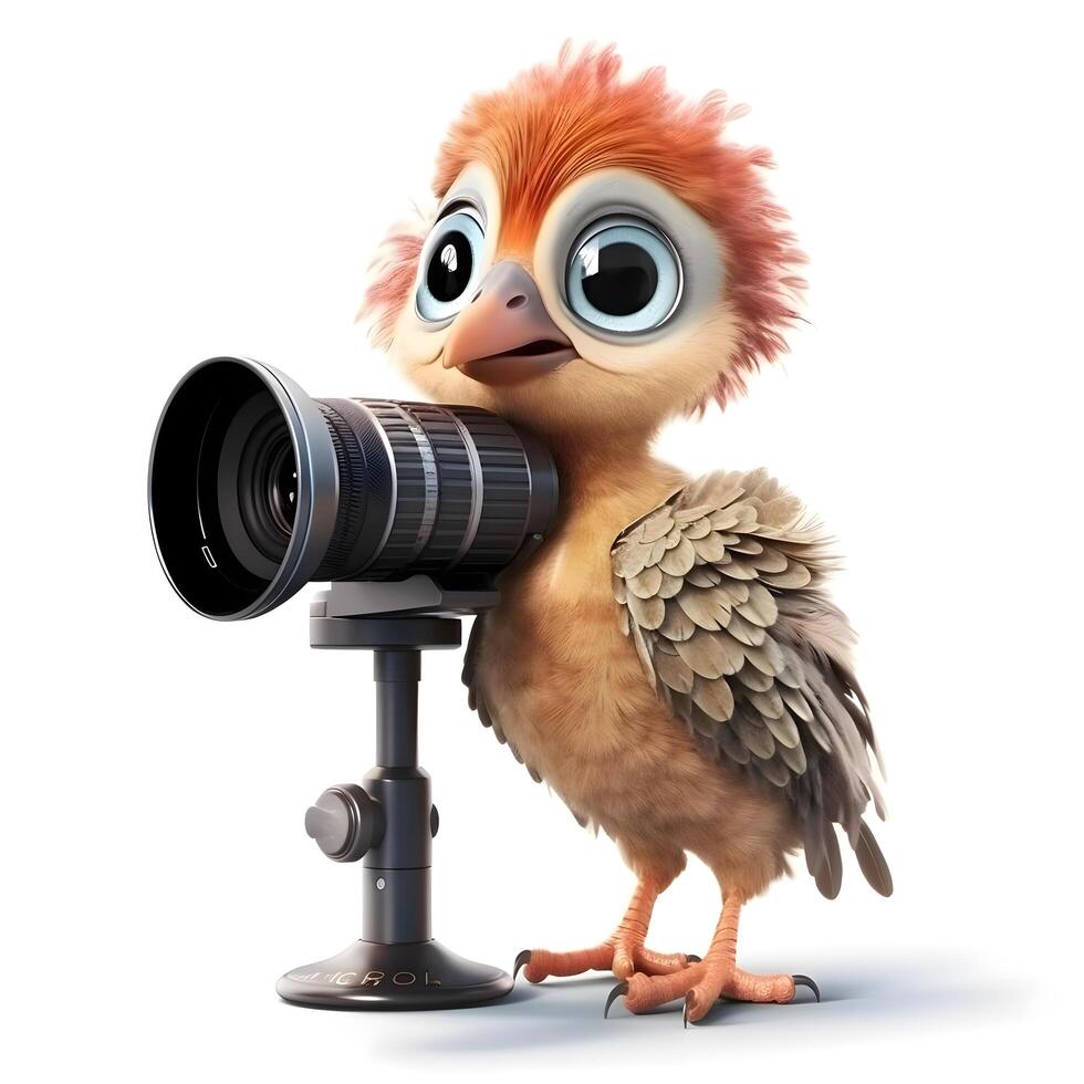 schattig vogel met een camera en een helm. 3d weergave, ai generatief beeld foto