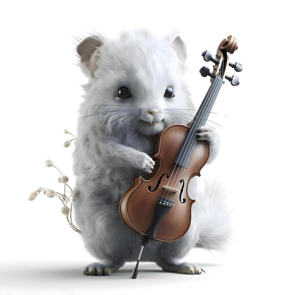3d renderen van een schattig wit kat met een viool geïsoleerd Aan wit achtergrond, ai generatief beeld foto