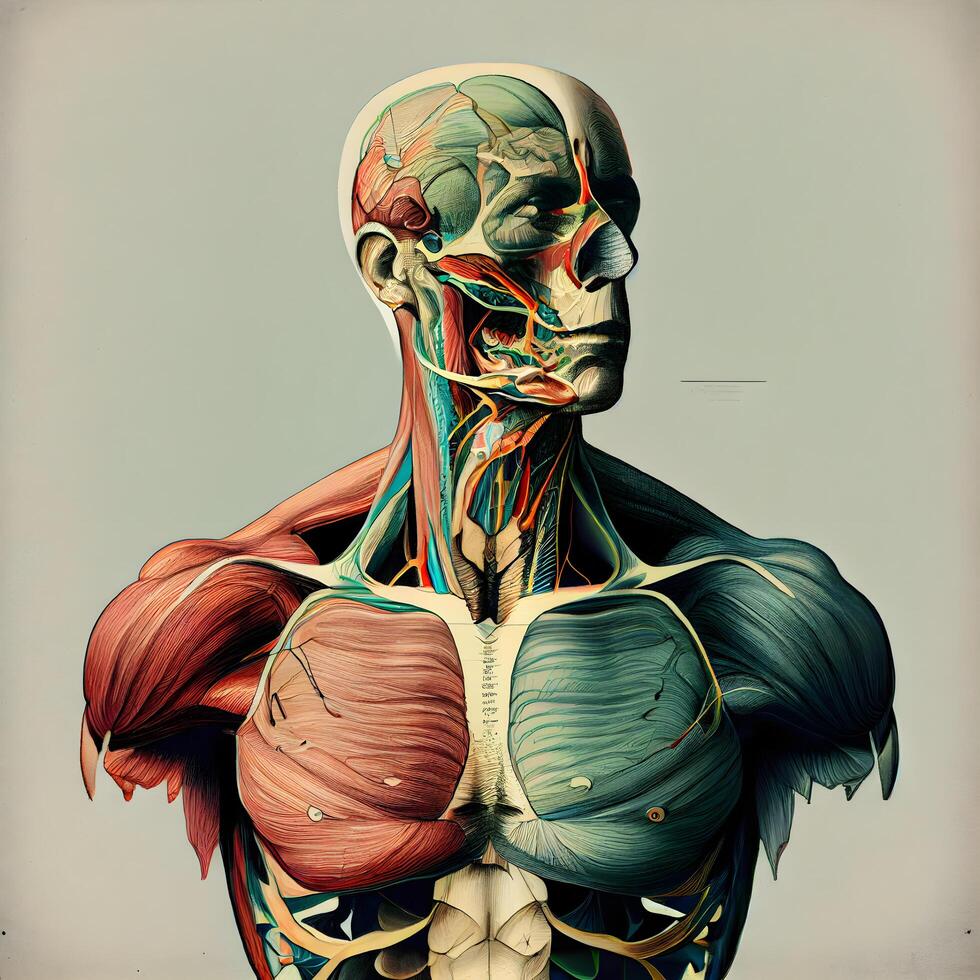 anatomie van menselijk lichaam met skelet en spier systeem. 3d weergave, ai generatief beeld foto