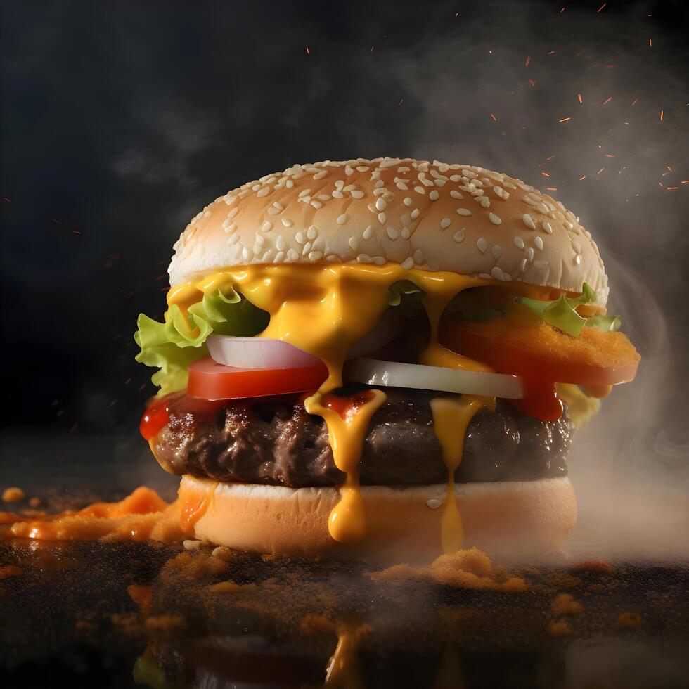 Hamburger Aan een zwart achtergrond met rook. snel voedsel., ai generatief beeld foto