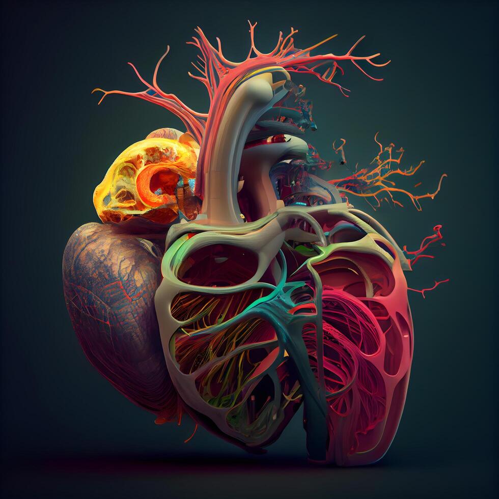 menselijk hart met bloedsomloop systeem Aan donker achtergrond. 3d illustratie, ai generatief beeld foto