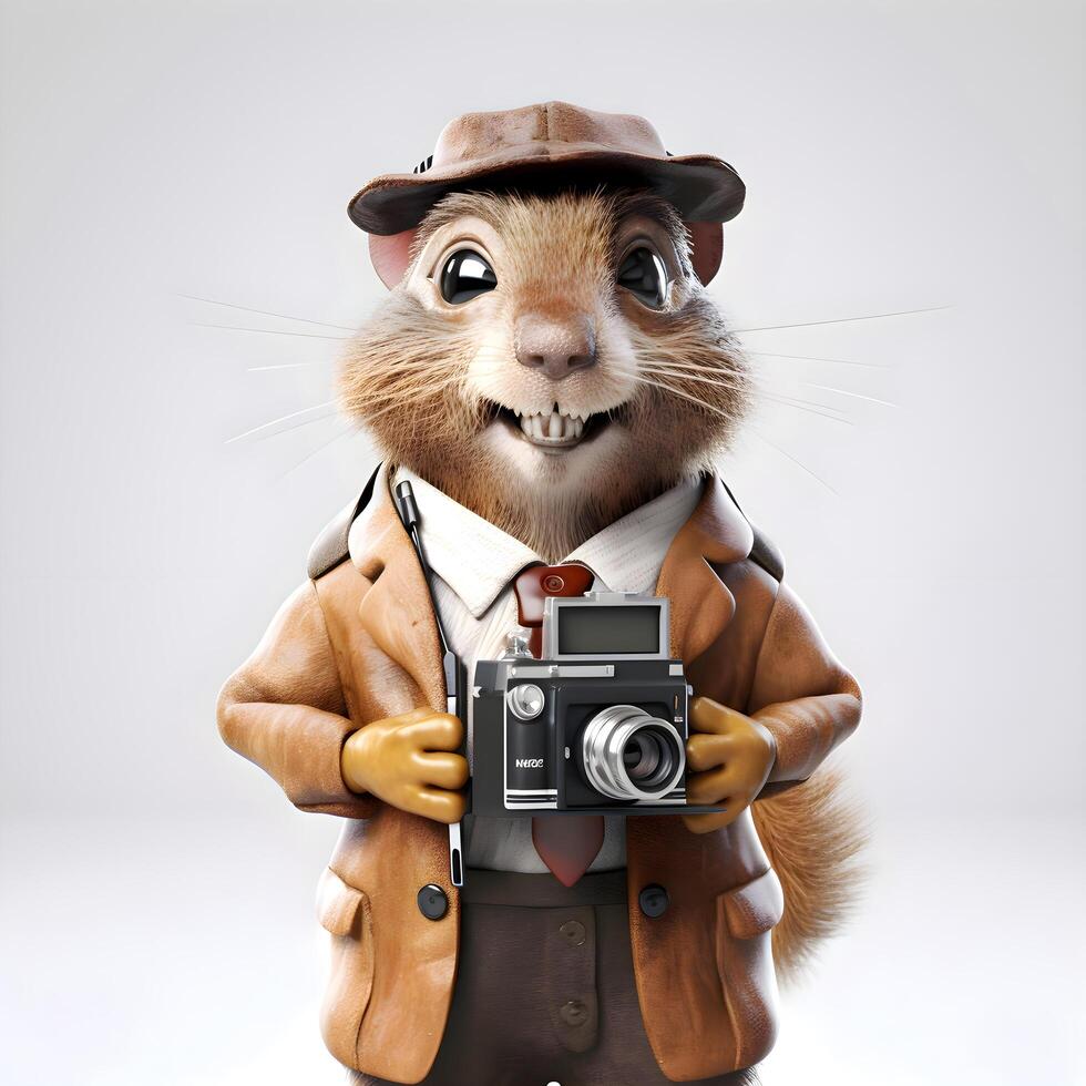 3d illustratie van een Rat gekleed net zo een detective met een camera, ai generatief beeld foto