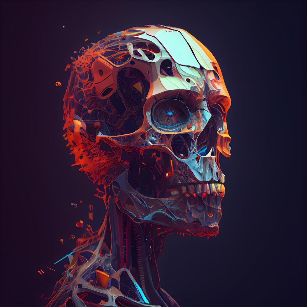 3d renderen van menselijk schedel in digitaal kunst stijl Aan donker achtergrond, ai generatief beeld foto