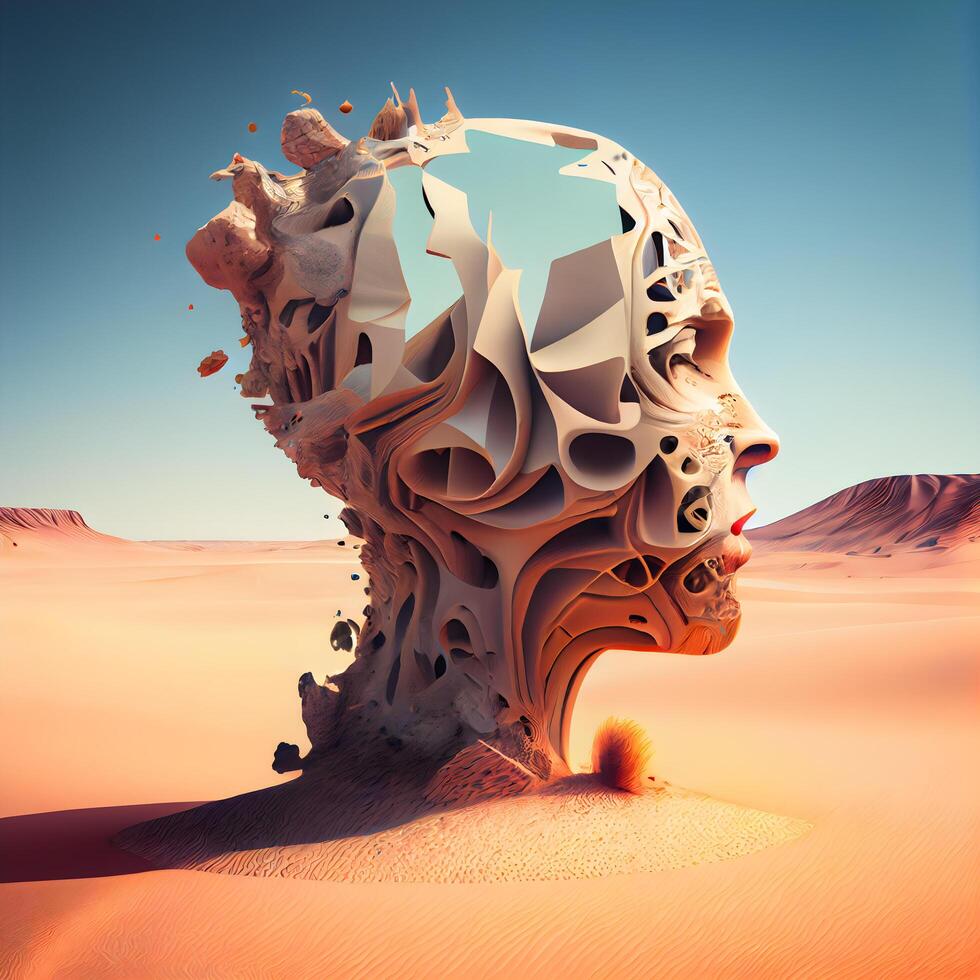 surrealistisch 3d illustratie van menselijk hoofd in de woestijn., ai generatief beeld foto