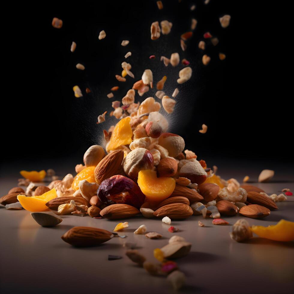 mengen van noten en droog abrikozen Aan een donker achtergrond., ai generatief beeld foto