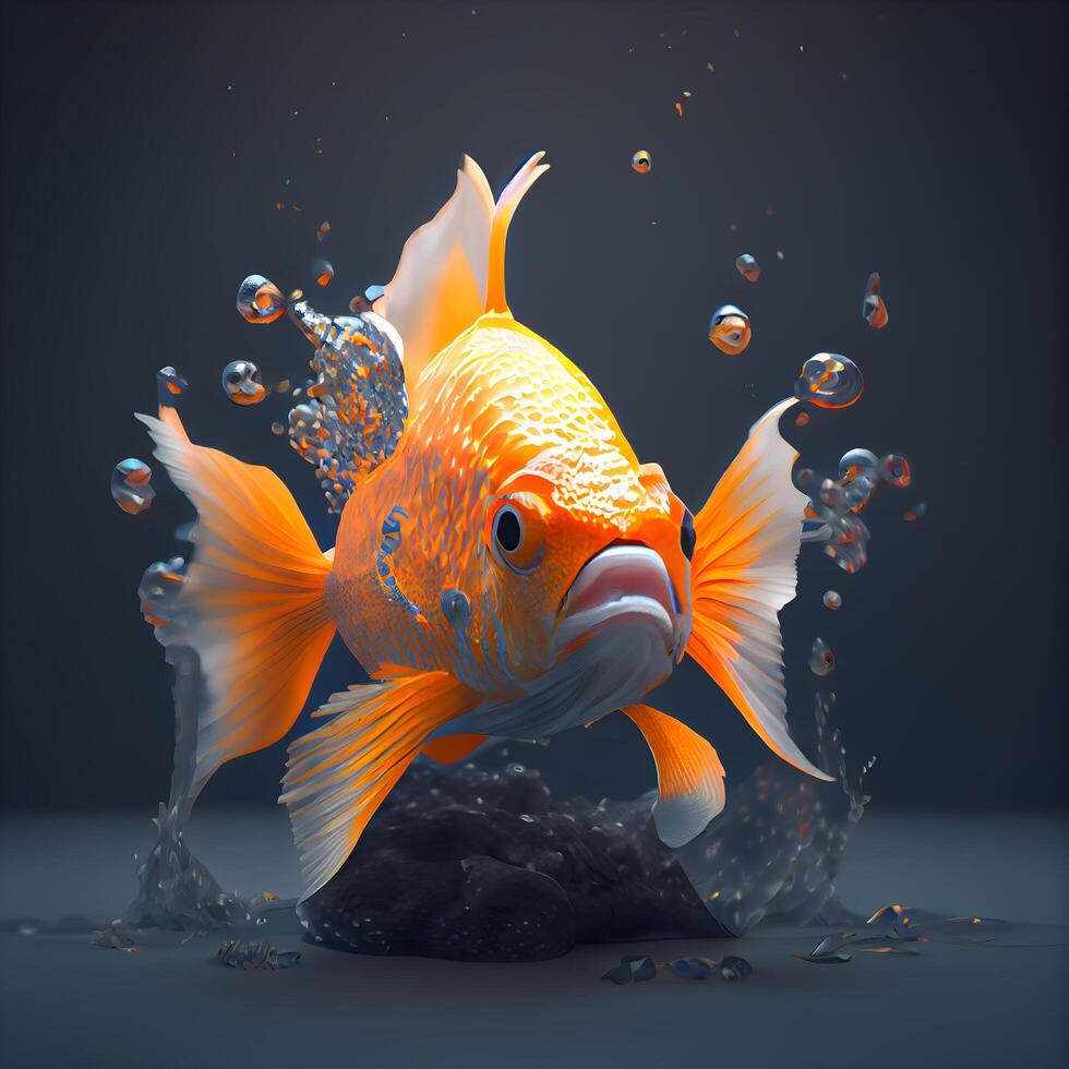 goudvis jumping uit van de water. 3d geven illustratie., ai generatief beeld foto