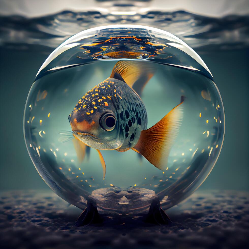 vis in een glas aquarium. 3d weergave. wijnoogst stijl., ai generatief beeld foto