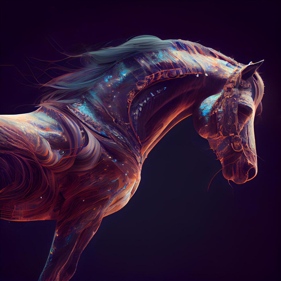 3d renderen van een fantasie paard met mooi manen geïsoleerd Aan zwart achtergrond, ai generatief beeld foto