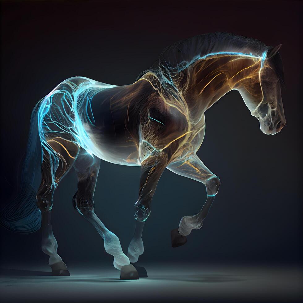 3d renderen van een paard met een gloeiend manen geïsoleerd Aan zwart achtergrond, ai generatief beeld foto
