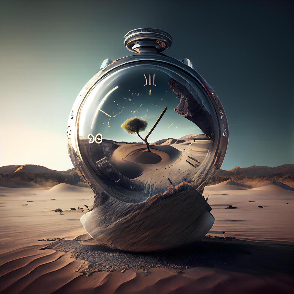 stopwatch in de woestijn. conceptuele afbeelding. 3d weergave, ai generatief beeld foto